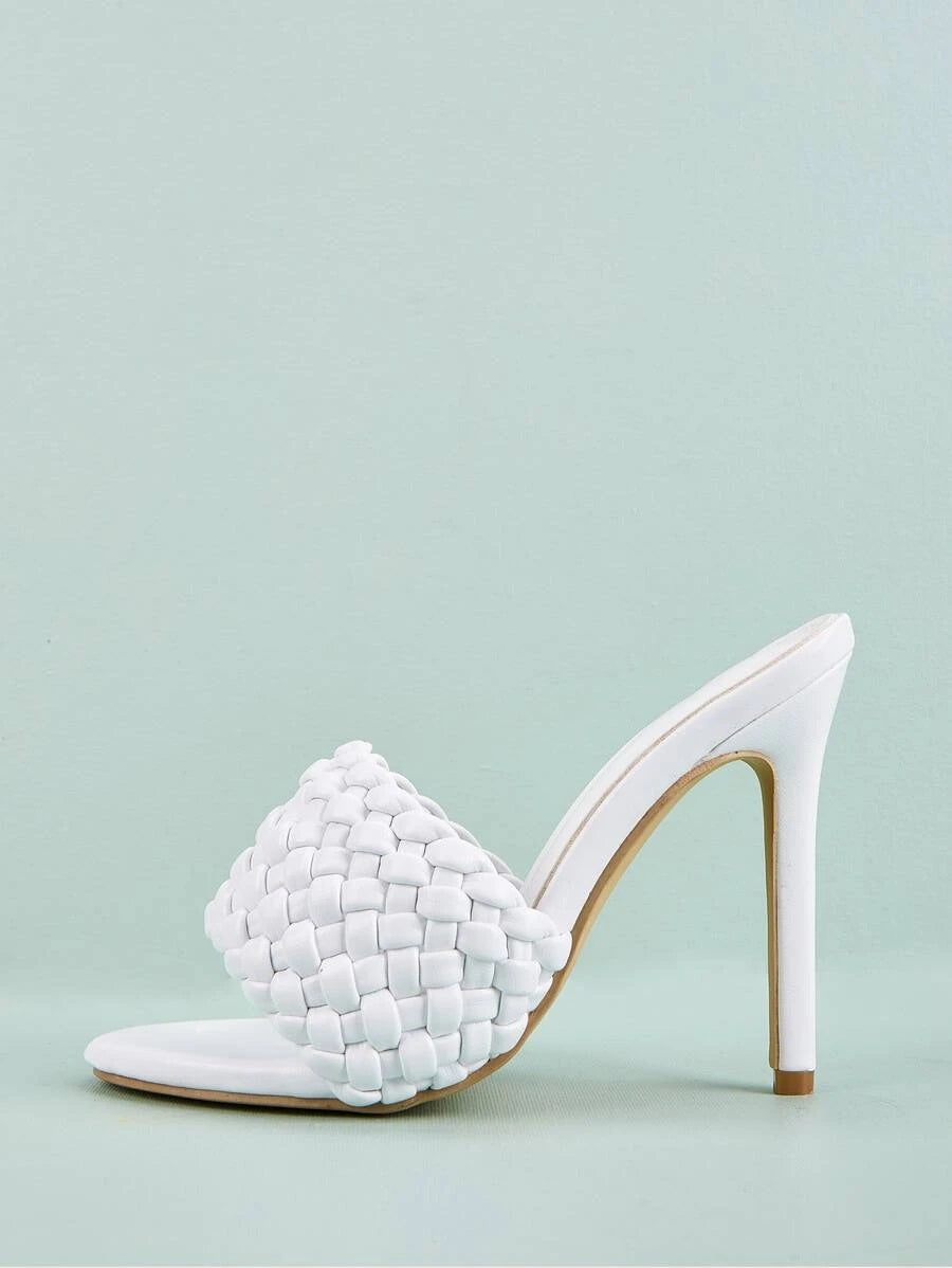 CM-SHS616200 Women Elegant Seoul Style Braided Stiletto Heeled Sandal Mules - White