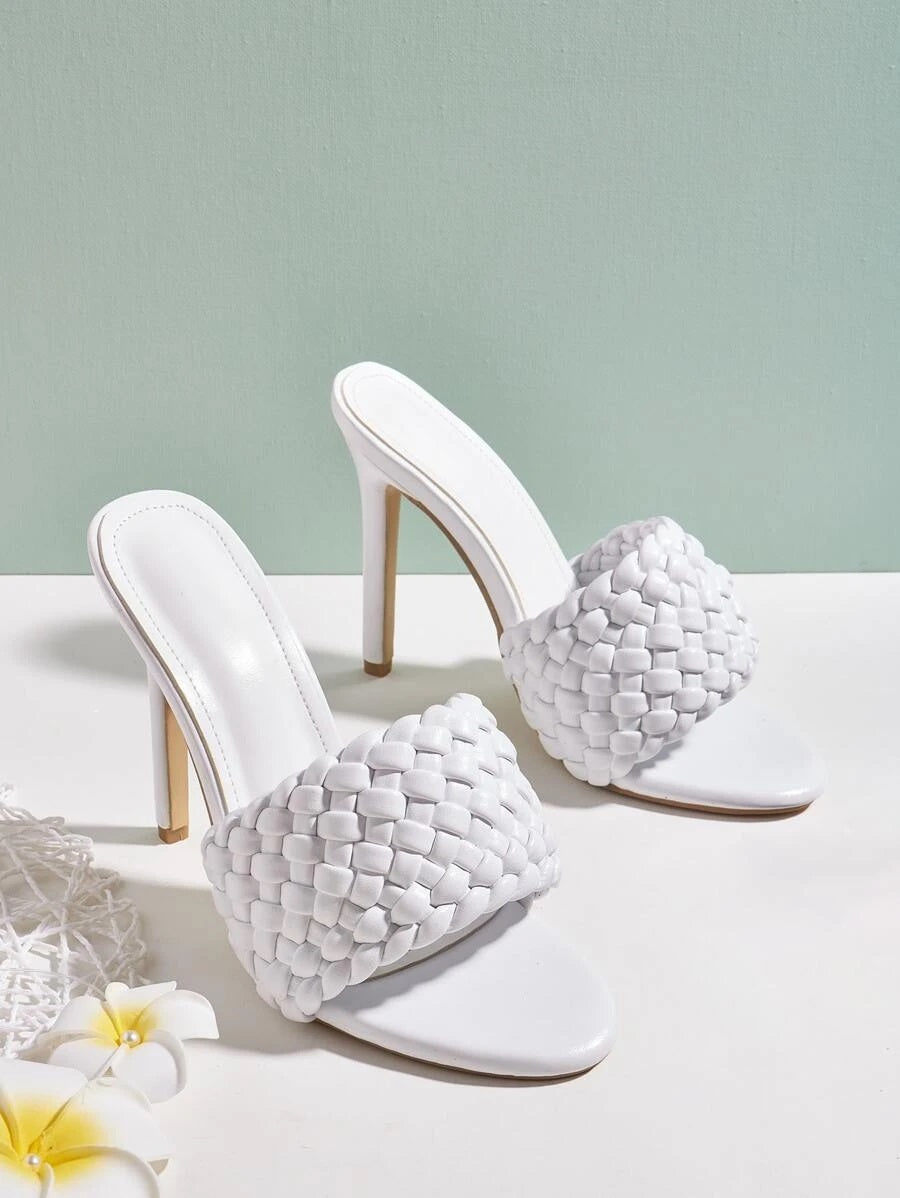 CM-SHS616200 Women Elegant Seoul Style Braided Stiletto Heeled Sandal Mules - White