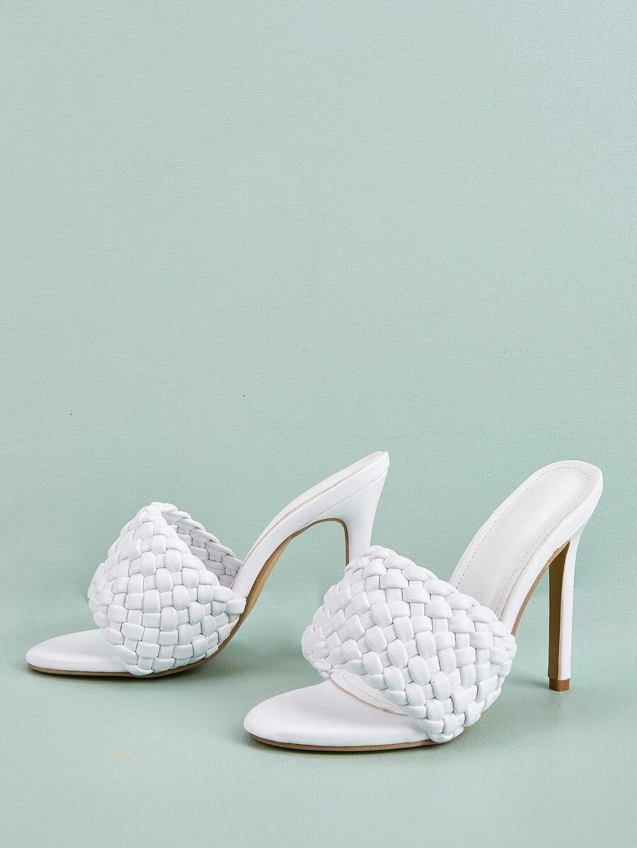 CM-SHS616200 Women Elegant Seoul Style Braided Stiletto Heeled Sandal Mules - White