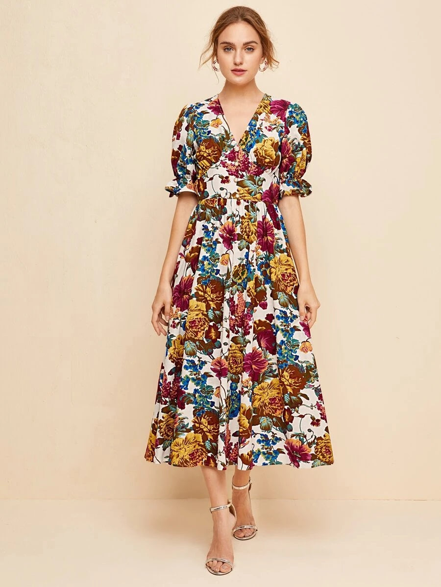 CM-DS611787 Women Elegant Seoul Style Ruffle Cuff Puff Sleeve Allover Floral Print Dress