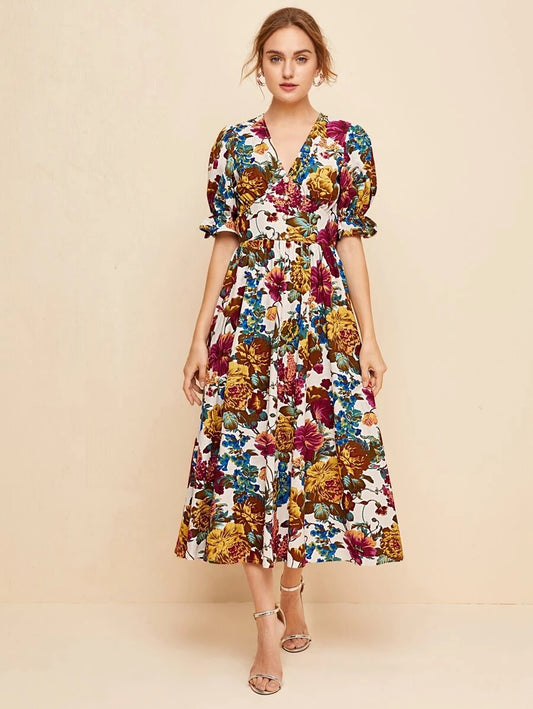 CM-DS611787 Women Elegant Seoul Style Ruffle Cuff Puff Sleeve Allover Floral Print Dress