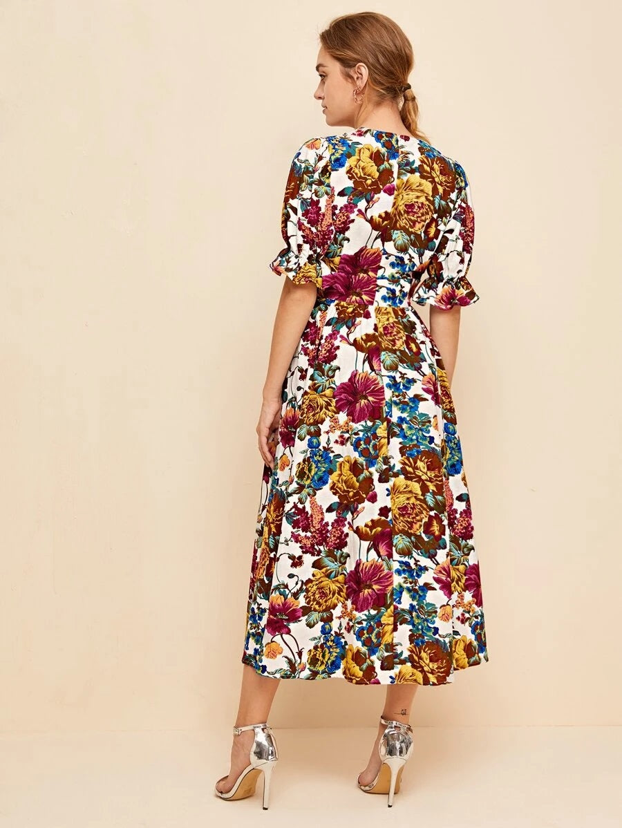CM-DS611787 Women Elegant Seoul Style Ruffle Cuff Puff Sleeve Allover Floral Print Dress