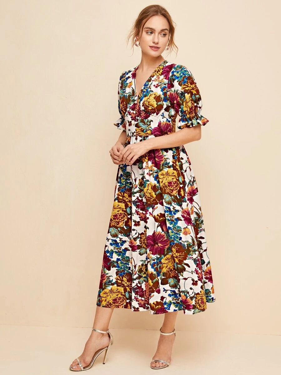 CM-DS611787 Women Elegant Seoul Style Ruffle Cuff Puff Sleeve Allover Floral Print Dress