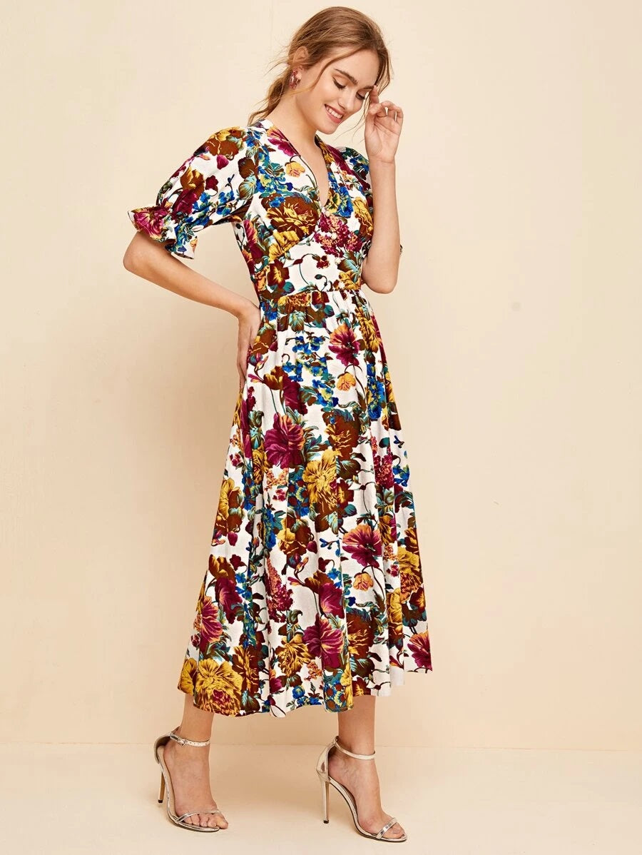 CM-DS611787 Women Elegant Seoul Style Ruffle Cuff Puff Sleeve Allover Floral Print Dress