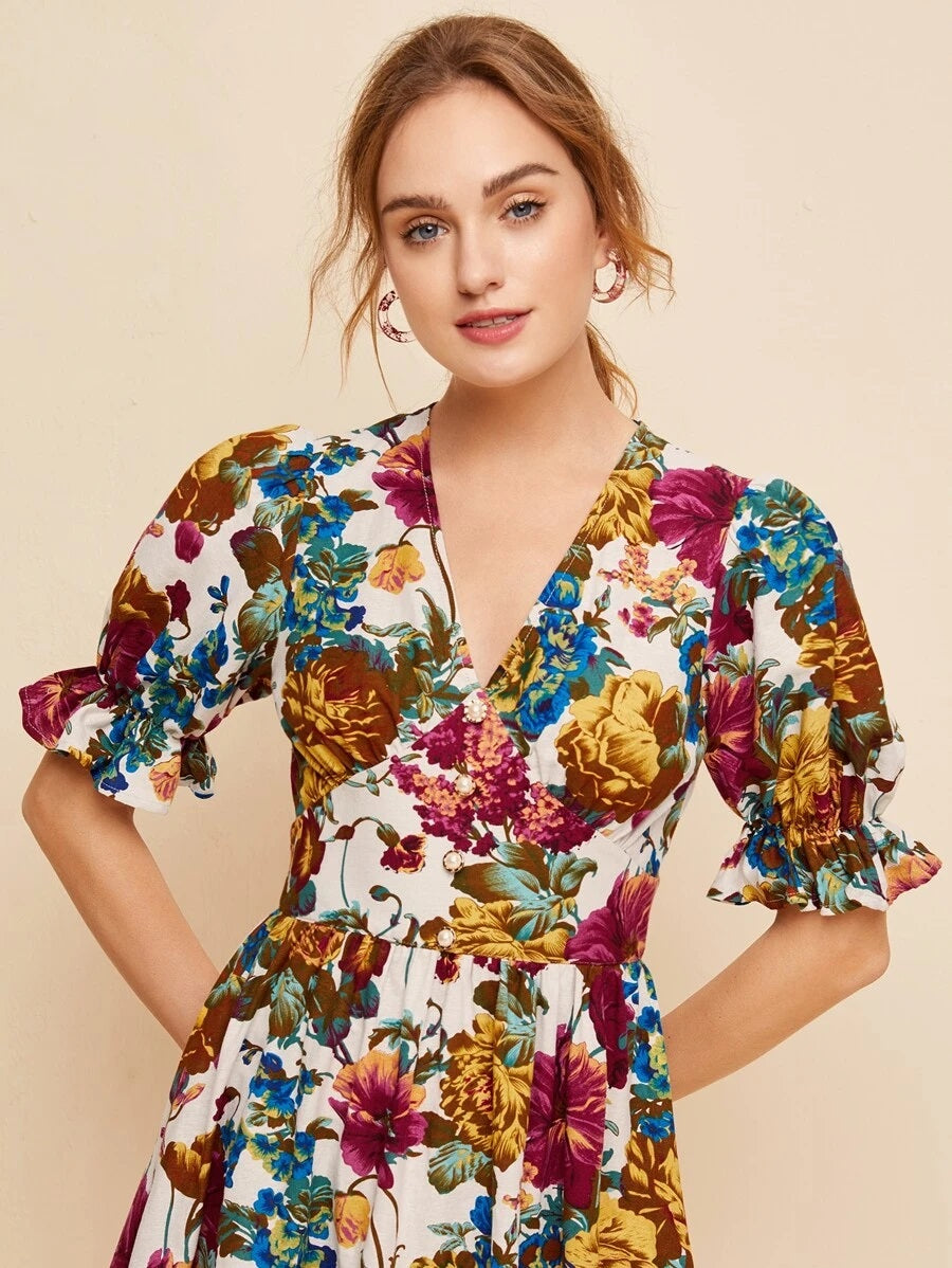 CM-DS611787 Women Elegant Seoul Style Ruffle Cuff Puff Sleeve Allover Floral Print Dress