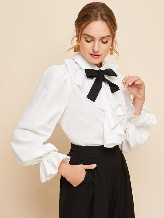 CM-TS615397 Women Elegant Seoul Style Knot Front Jabot Detail Flounce Sleeve Top - White
