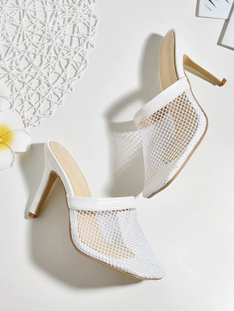 CM-SHS616021 Women Elegant Seoul Style Mesh Stiletto Heeled Sandal Mules - White