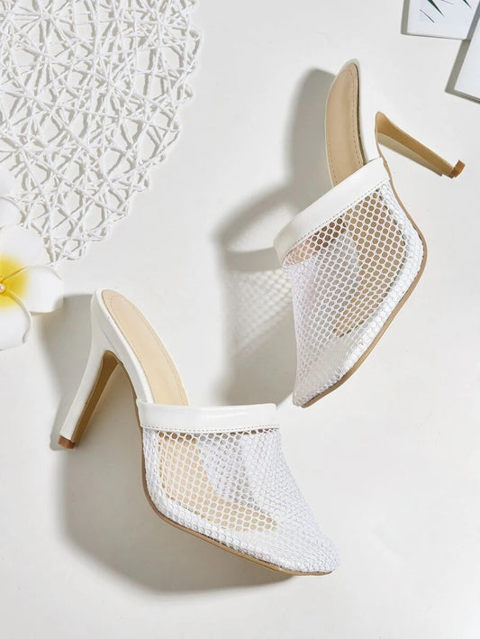 CM-SHS616021 Women Elegant Seoul Style Mesh Stiletto Heeled Sandal Mules - White