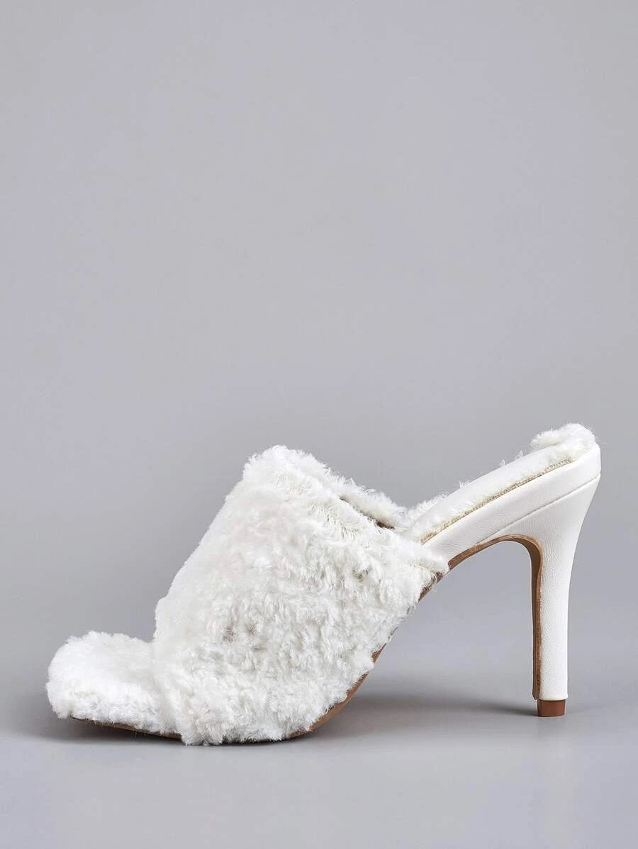 CM-SHS616380 Women Casual Seoul Style Allover Fluffy Stiletto Heeled Sandal Mules - White