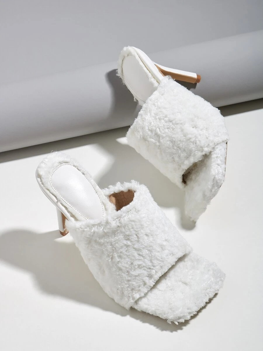 CM-SHS616380 Women Casual Seoul Style Allover Fluffy Stiletto Heeled Sandal Mules - White
