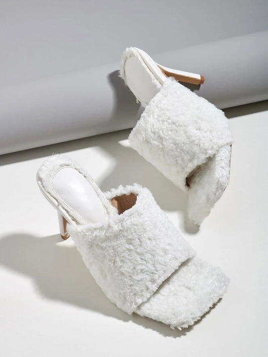 CM-SHS616380 Women Casual Seoul Style Allover Fluffy Stiletto Heeled Sandal Mules - White