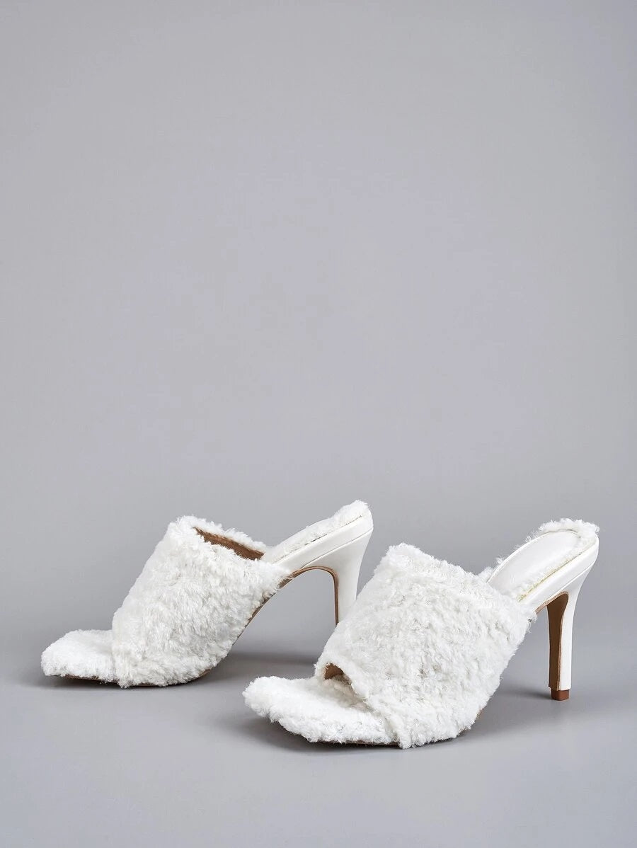 CM-SHS616380 Women Casual Seoul Style Allover Fluffy Stiletto Heeled Sandal Mules - White