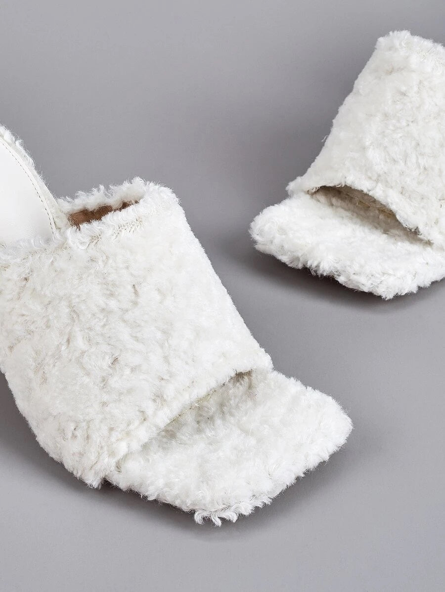 CM-SHS616380 Women Casual Seoul Style Allover Fluffy Stiletto Heeled Sandal Mules - White