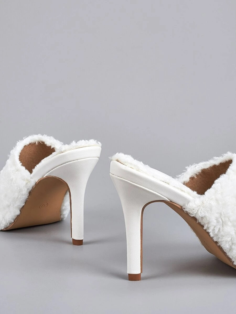CM-SHS616380 Women Casual Seoul Style Allover Fluffy Stiletto Heeled Sandal Mules - White