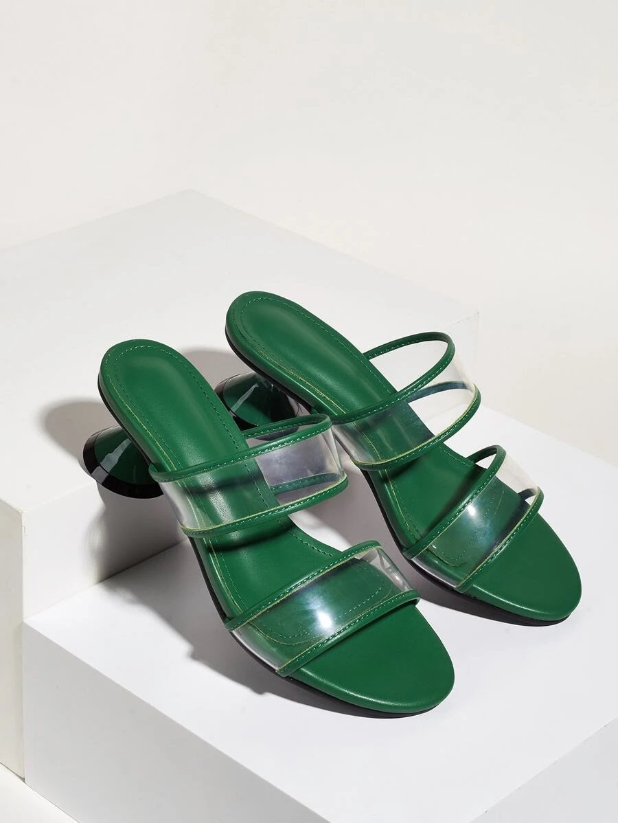 CM-SHS616432 Women Trendy Seoul Style Clear Double Band Heeled Sandal Mules - Green