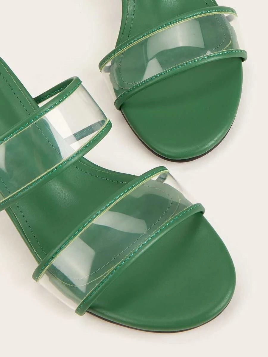 CM-SHS616432 Women Trendy Seoul Style Clear Double Band Heeled Sandal Mules - Green