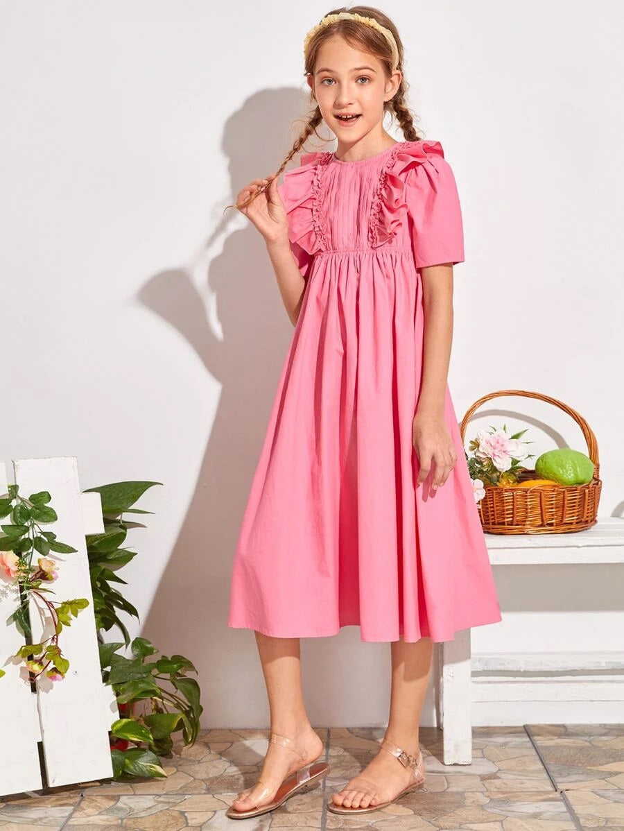 CM-KDS616384 Girls Casual Round Neck Puff Sleeve Ruffle Detail Smock Dress - Pink