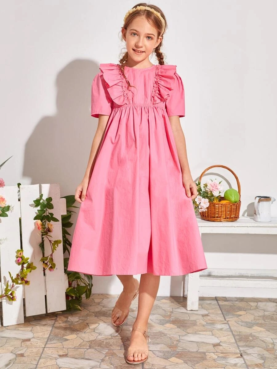 CM-KDS616384 Girls Casual Round Neck Puff Sleeve Ruffle Detail Smock Dress - Pink