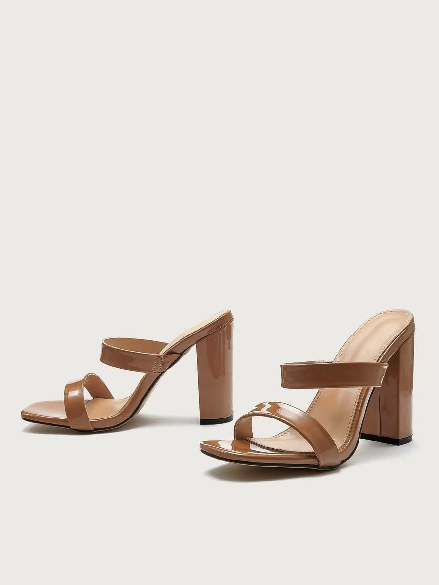 CM-SHS617048 Women Trendy Seoul Style Double Strap Chunky Heeled Mules - Brown