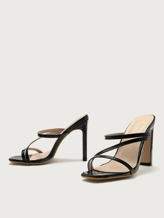 CM-SHS618602 Women Elegant Seoul Style Thin Strap Croc Embossed Chunky Heeled Mules