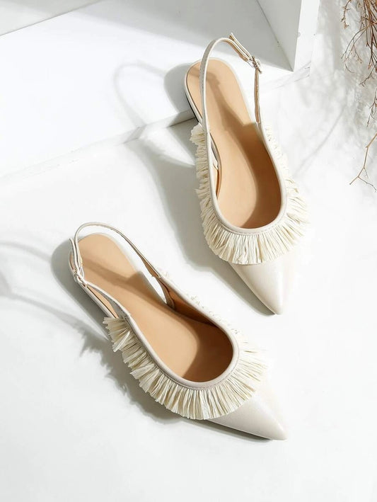 CM-SHS618017 Women Casual Seoul Style Fringe Decor Slingback Flats - Beige