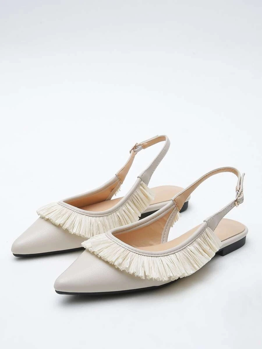 CM-SHS618017 Women Casual Seoul Style Fringe Decor Slingback Flats - Beige