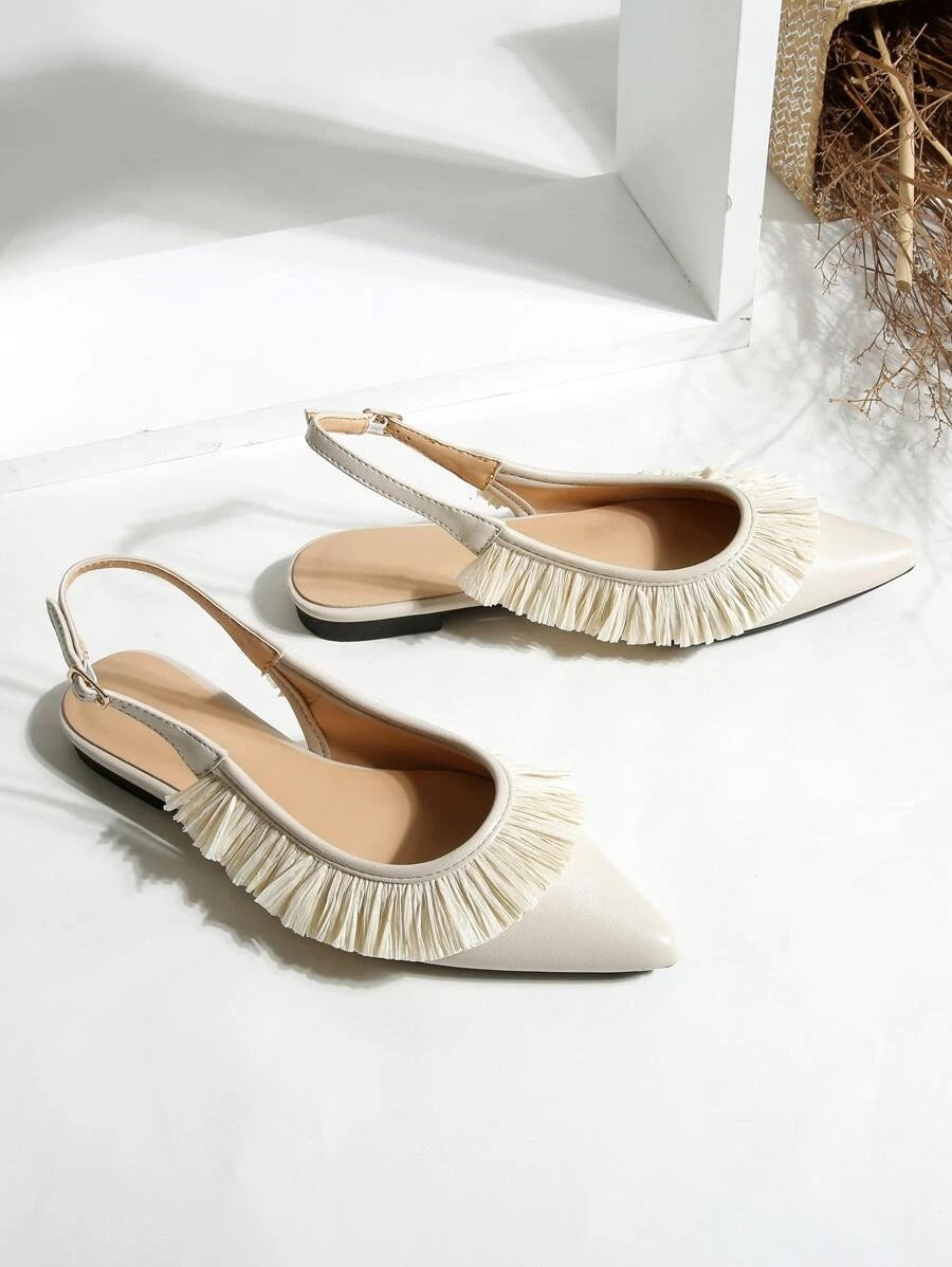 CM-SHS618017 Women Casual Seoul Style Fringe Decor Slingback Flats - Beige