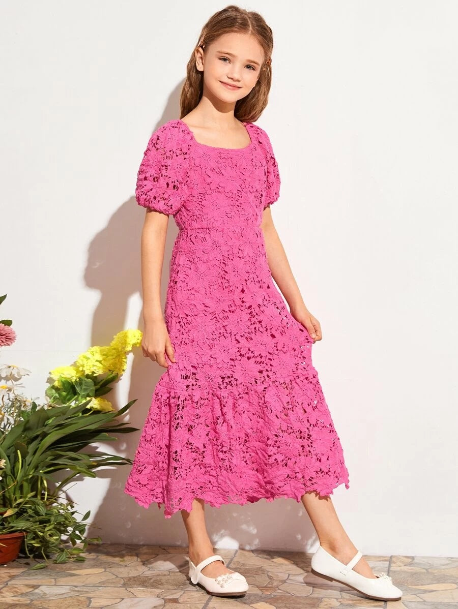 CM-KDS512012 Girls Elegant Round Neck Puff Sleeve Flippy Hem Guipure Lace Dress - Pink
