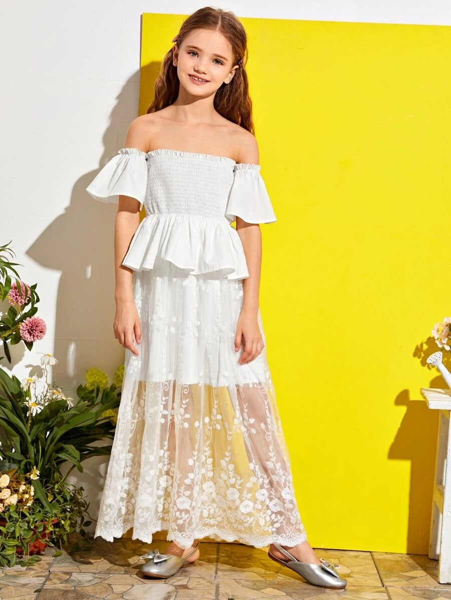 CM-KDS511557 Girls Elegant Off Shoulder Shirred Bodice Embroidery Mesh Peplum Dress - White