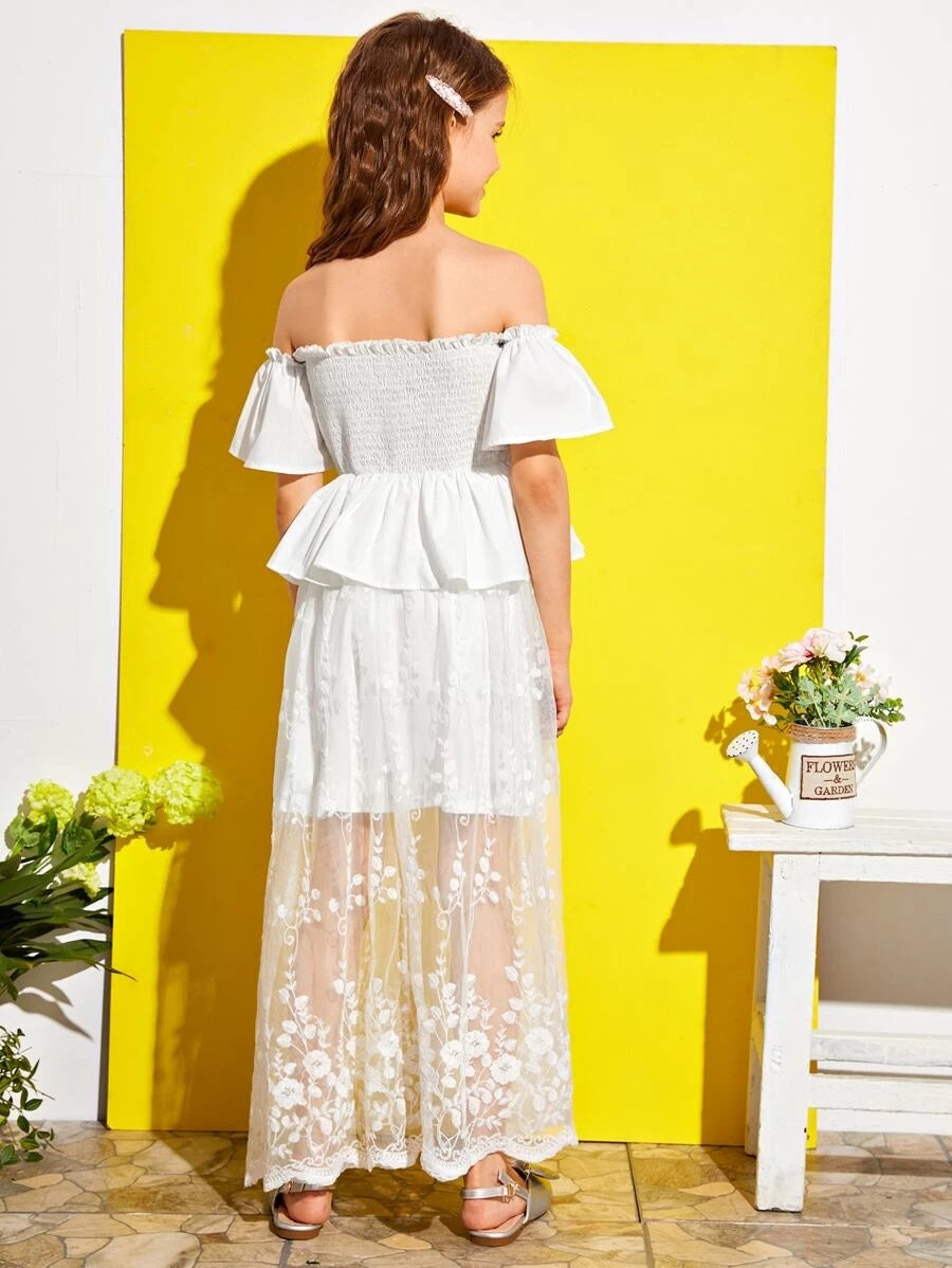 CM-KDS511557 Girls Elegant Off Shoulder Shirred Bodice Embroidery Mesh Peplum Dress - White