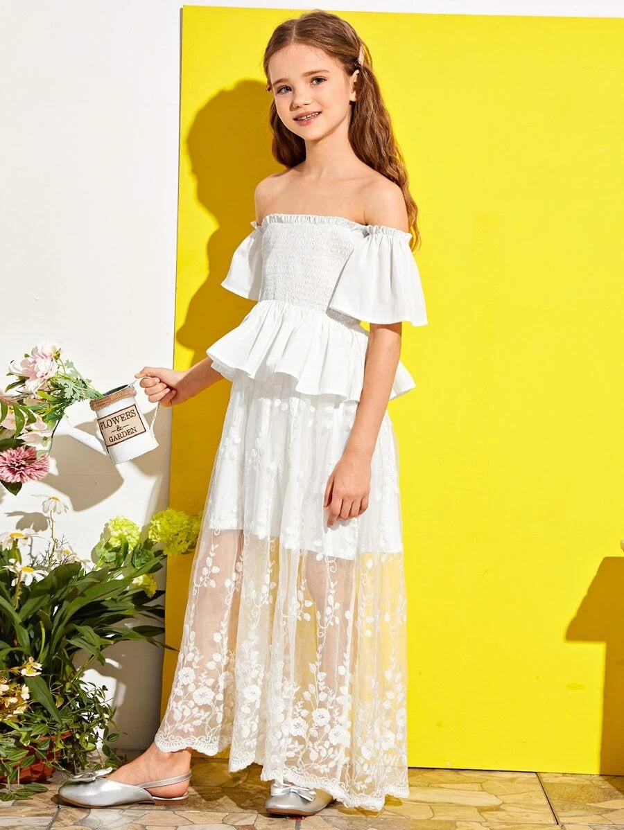 CM-KDS511557 Girls Elegant Off Shoulder Shirred Bodice Embroidery Mesh Peplum Dress - White