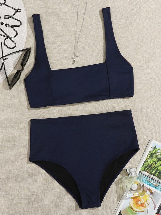 CM-SWS617962 Women Trendy Seoul Style Seam Detail High Waisted Bikini Swimsuit - Navy Blue