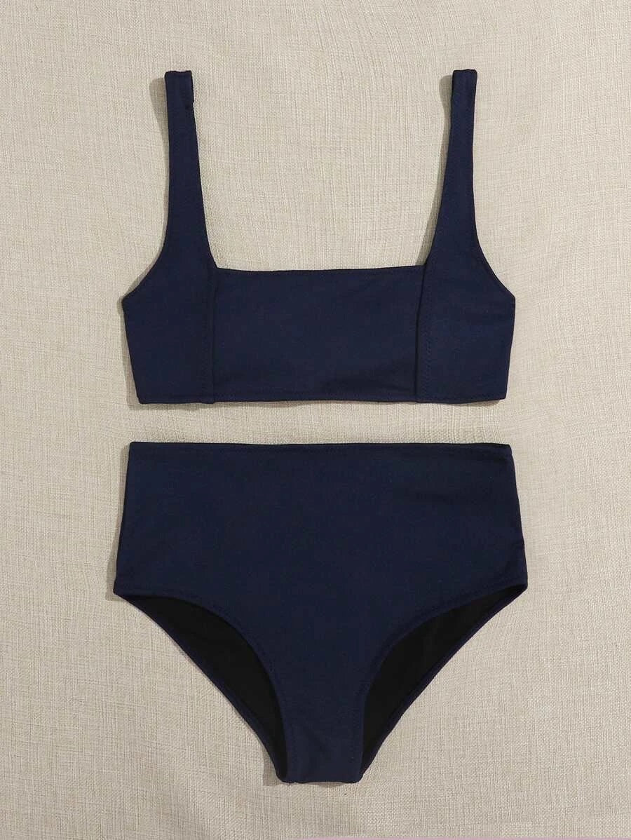 CM-SWS617962 Women Trendy Seoul Style Seam Detail High Waisted Bikini Swimsuit - Navy Blue