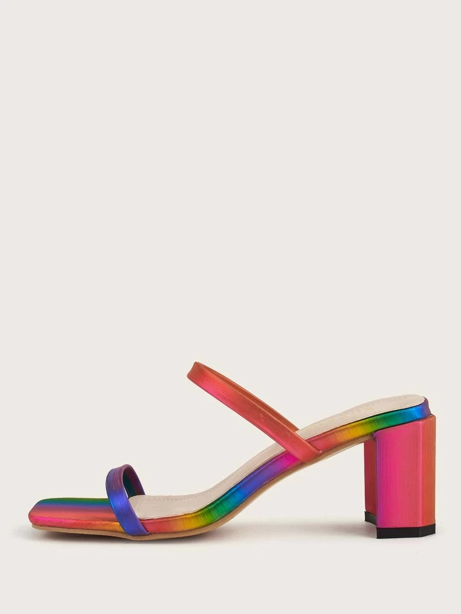 CM-SHS618064 Women Casual Seoul Style Colorblock Double Strap Heeled Mules
