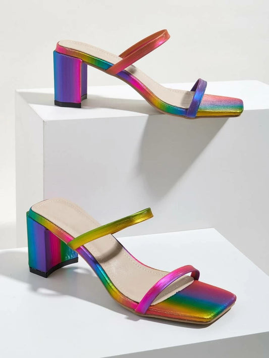 CM-SHS618064 Women Casual Seoul Style Colorblock Double Strap Heeled Mules