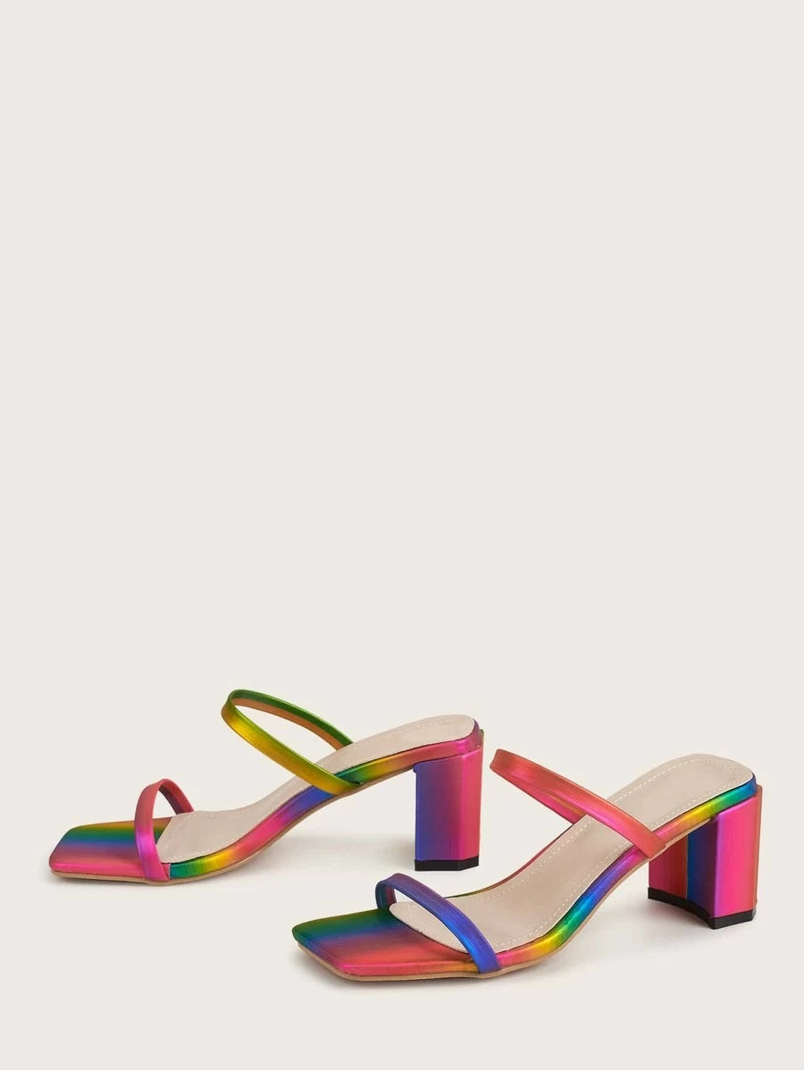 CM-SHS618064 Women Casual Seoul Style Colorblock Double Strap Heeled Mules