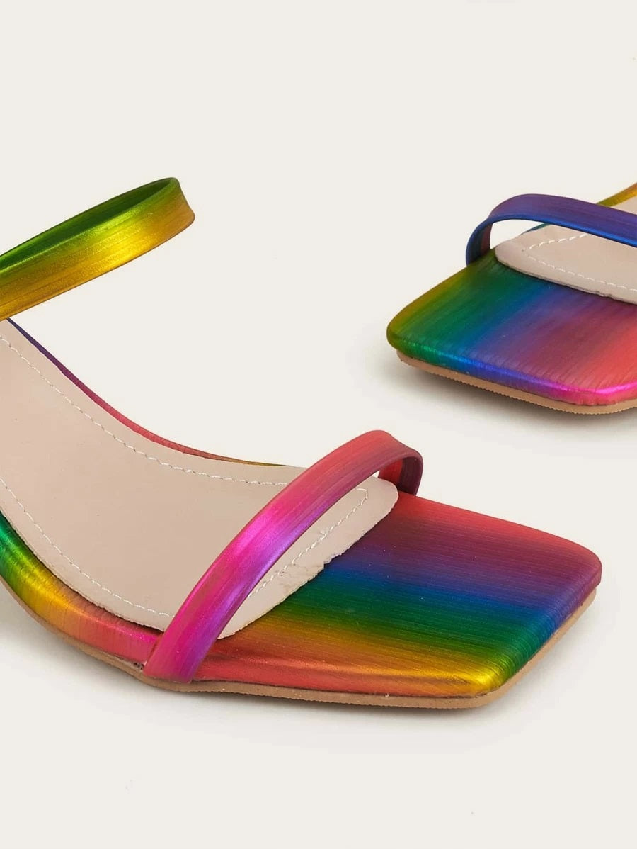 CM-SHS618064 Women Casual Seoul Style Colorblock Double Strap Heeled Mules