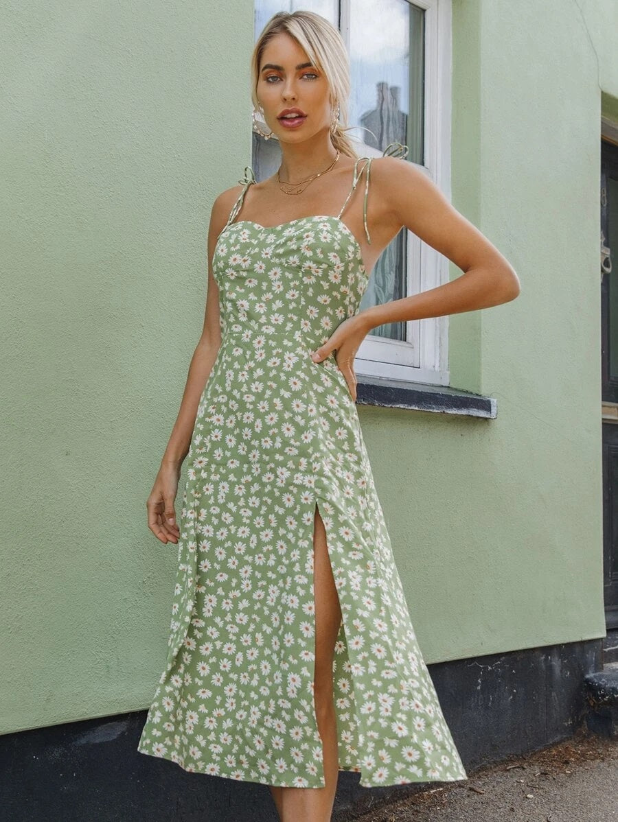 CM-DS429316 Women Casual European Style Split Hem Shirred Back Floral Print Cami Dress - Green