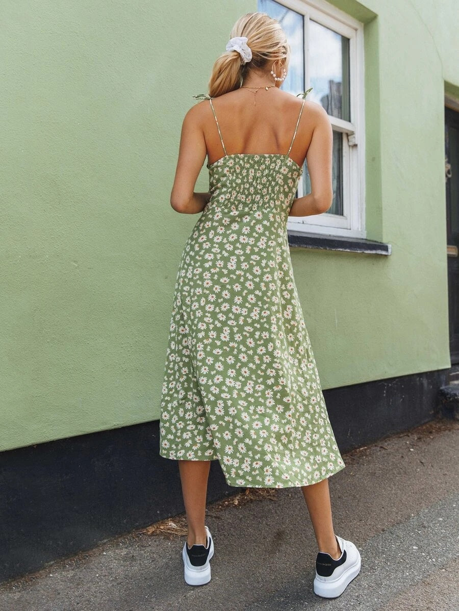 CM-DS429316 Women Casual European Style Split Hem Shirred Back Floral Print Cami Dress - Green