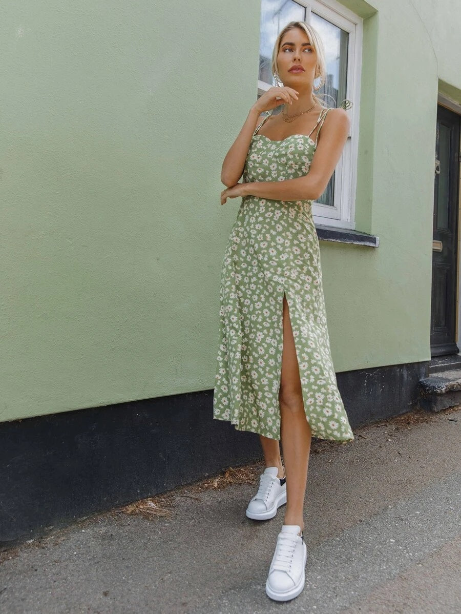 CM-DS429316 Women Casual European Style Split Hem Shirred Back Floral Print Cami Dress - Green