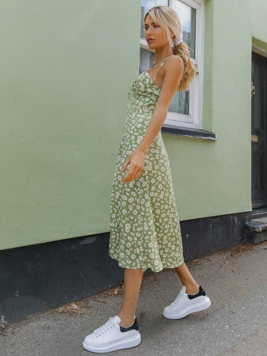 CM-DS429316 Women Casual European Style Split Hem Shirred Back Floral Print Cami Dress - Green