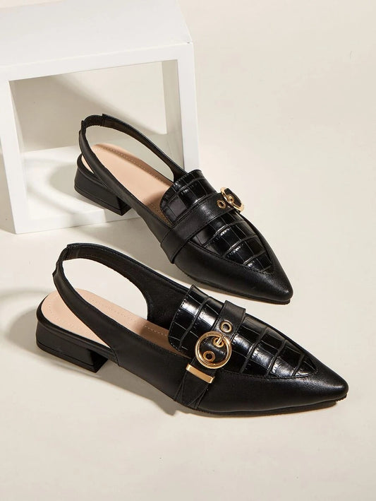 CM-SHS619764 Women Elegant Seoul Style Buckle Strap Decor Slingback Loafers - Black