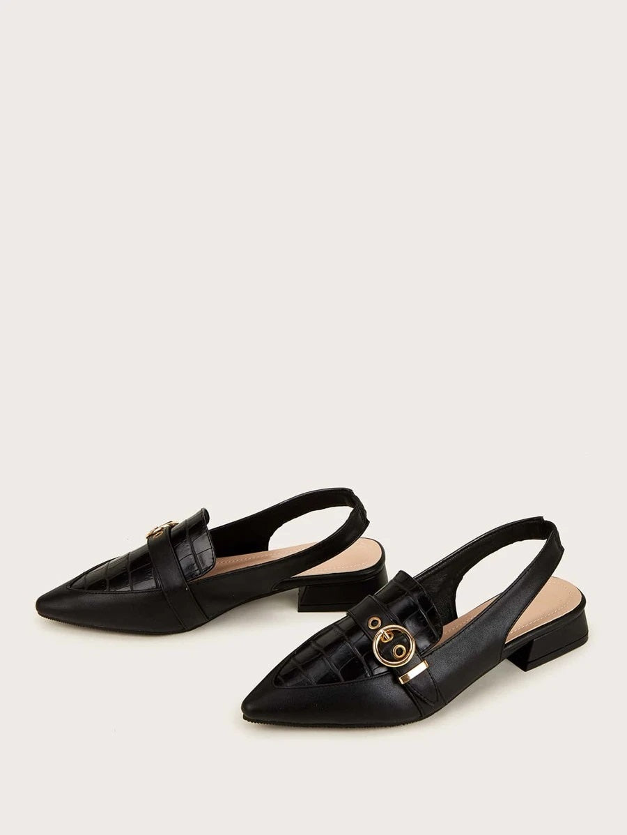 CM-SHS619764 Women Elegant Seoul Style Buckle Strap Decor Slingback Loafers - Black
