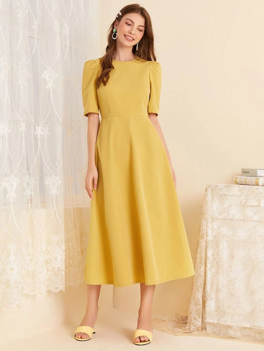 CM-DS608090 Women Casual Seoul Style Round Neck Solid Puff Sleeve A-Line Dress - Yellow