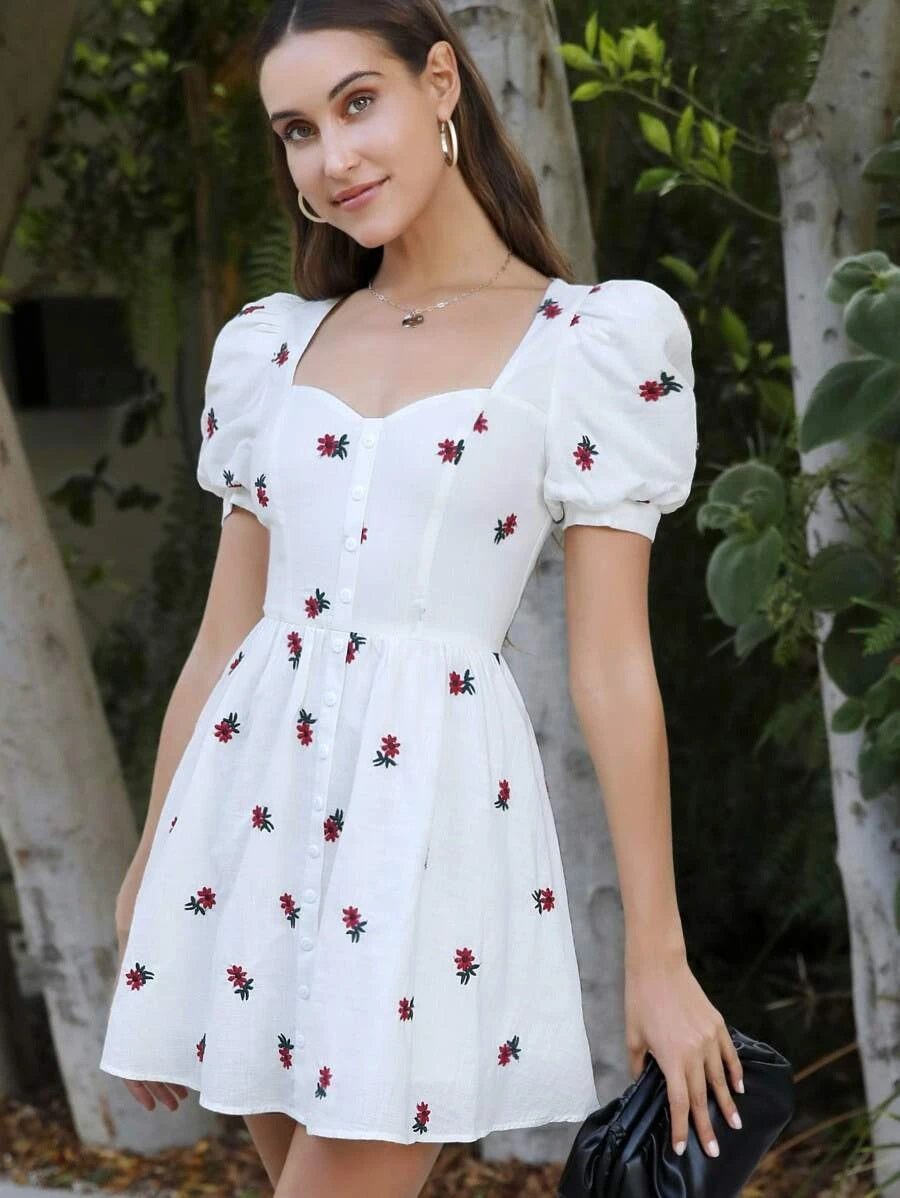 CM-DS522876 Women Casual Seoul Style Button Front Floral Embroidered Short Dress - White