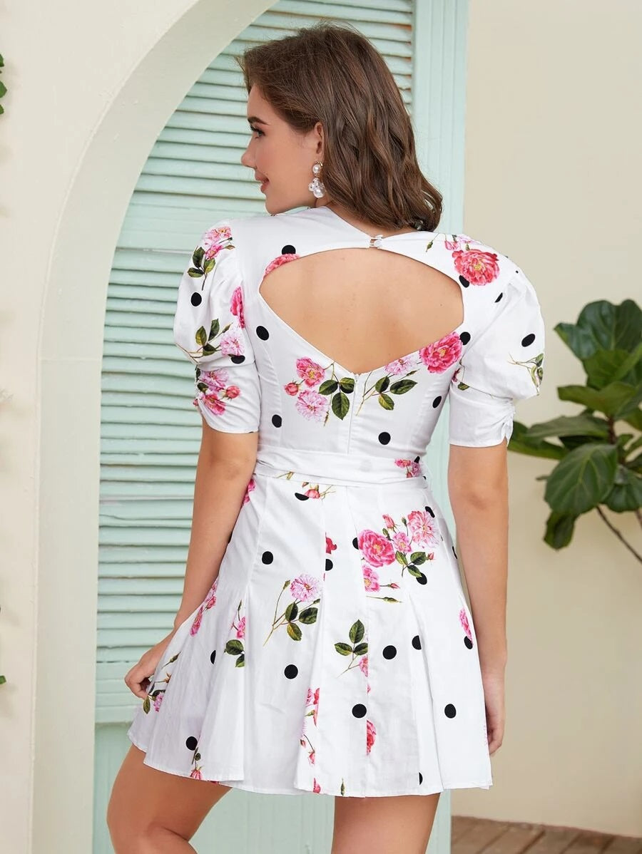 CM-DS617817 Women Casual Seoul Style Floral Print Cut Out Back Belted Short Dress - White