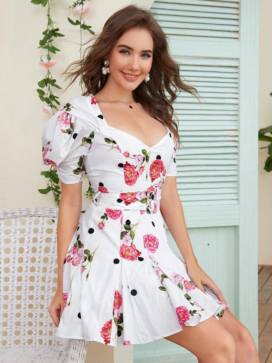 CM-DS617817 Women Casual Seoul Style Floral Print Cut Out Back Belted Short Dress - White