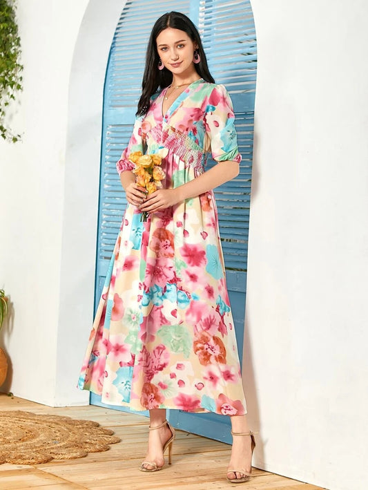 CM-DS604307 Women Trendy Bohemian Style Floral Print Shirred Detail A-Line Long Dress