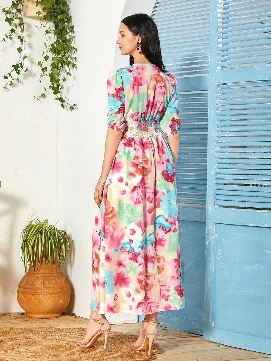 CM-DS604307 Women Trendy Bohemian Style Floral Print Shirred Detail A-Line Long Dress