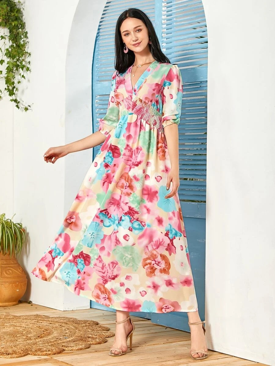 CM-DS604307 Women Trendy Bohemian Style Floral Print Shirred Detail A-Line Long Dress